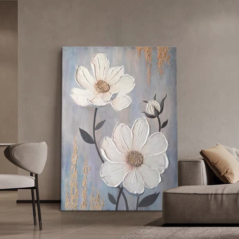 现代轻奢高级感装饰画抽象白色花卉肌理手绘油画玄关餐厅立体挂画图片