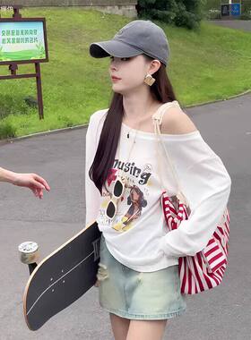 白色中长版印花斜肩长袖T恤女2026新款夏季宽松显瘦防晒罩衫上衣