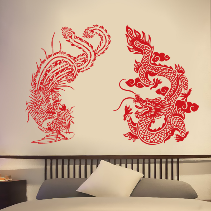 中国龙龙凤呈祥中式居家书房背景墙店铺玻璃门玻璃墙装饰墙贴画图片