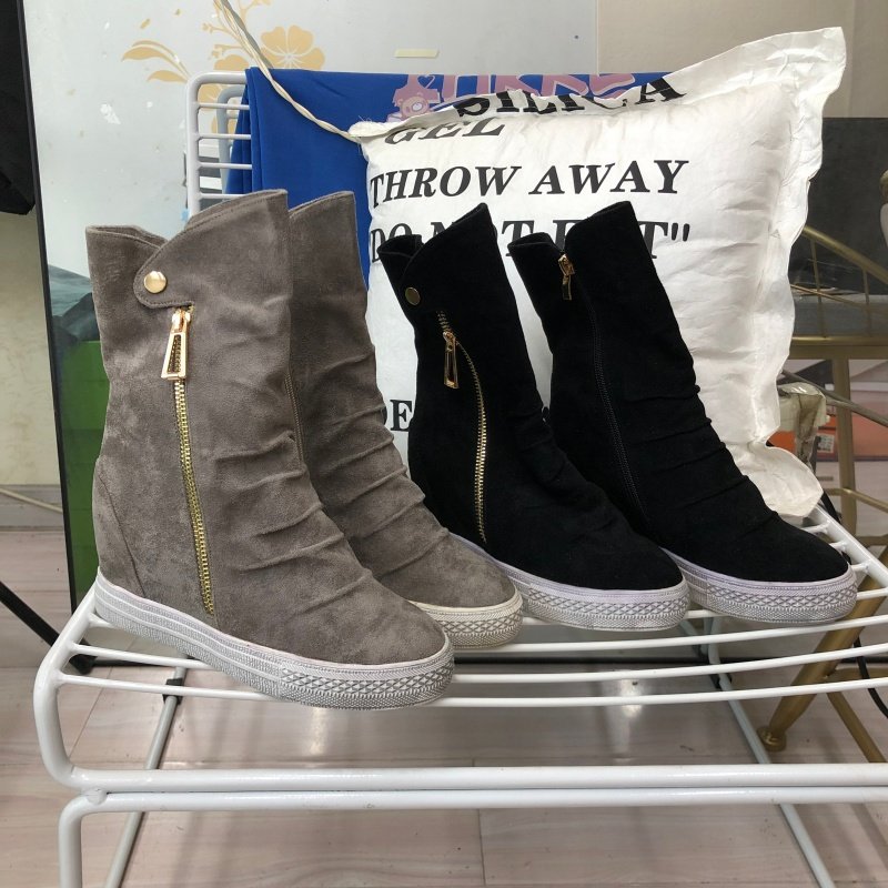断码清仓欧美风褶皱短靴女冬季做旧侧拉链加绒内增高百搭坡跟靴子,女鞋,烟筒靴,淘宝优惠券,粉丝福利购,淘宝优惠卷