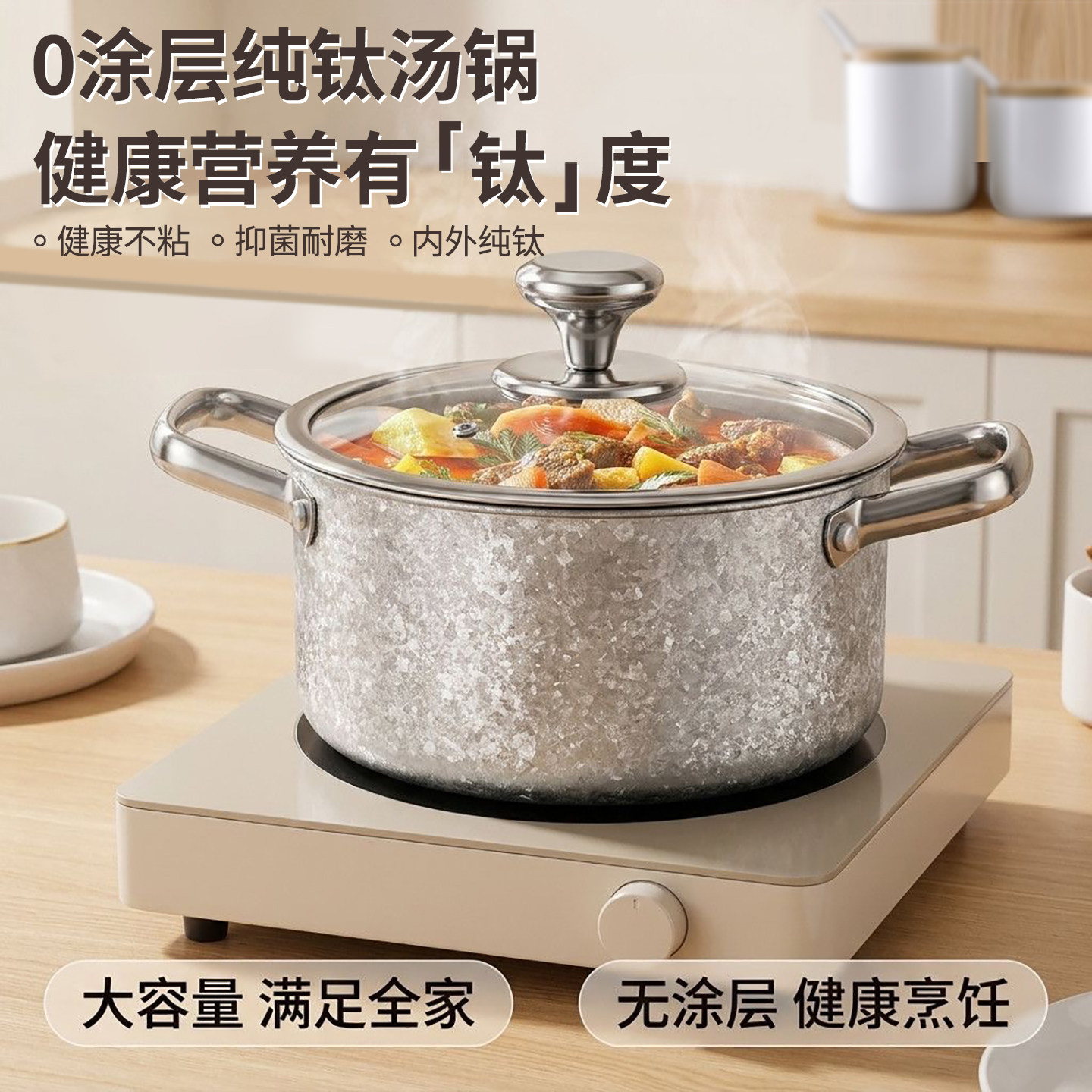高端纯钛汤锅蒸煮小奶锅无涂层防烫双耳大容量家用煲汤燃气电磁炉