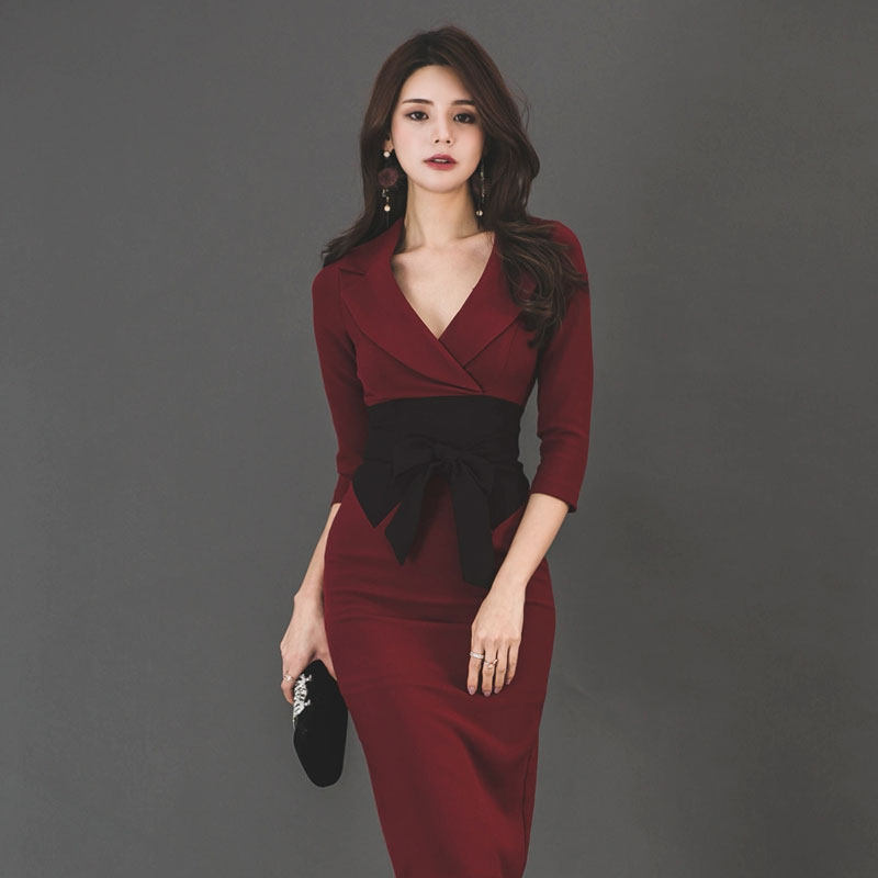 秋装女2023新款韩版OL气质时尚V领修身系带撞色包臀中长款连衣裙