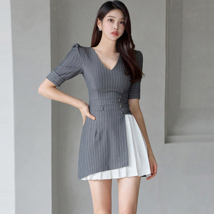 职业装女性连衣裙时尚高端夏薄款女夏韩版修身气质条纹拼接压褶裙