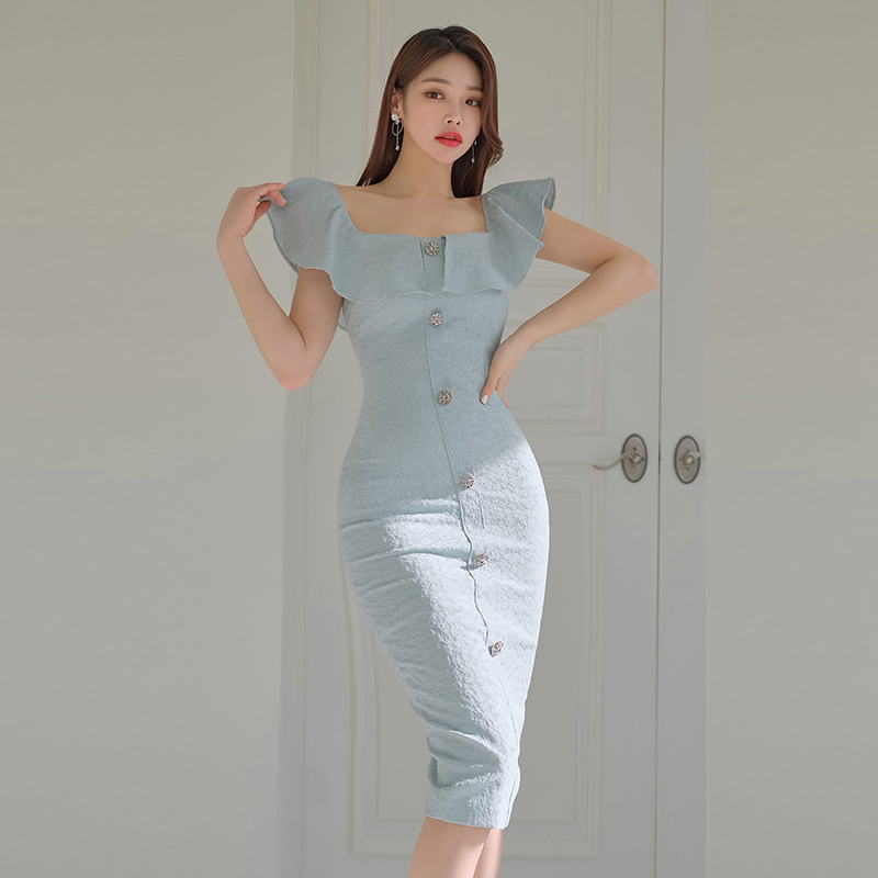 荷叶边包臀一字方领奶蓝小众长裙