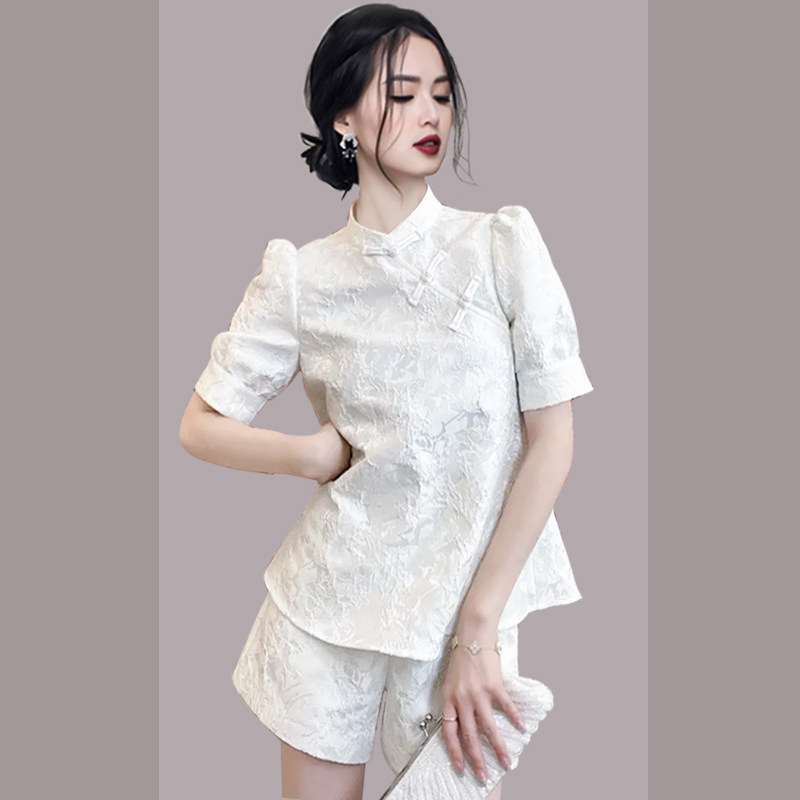 여성을위한 하이 엔드 기질 자카드 개선 치파오 투피스 세트 2022 여름 새로운 복고풍 느슨한 반바지 탑 슈트