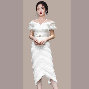 白色蕾丝连衣裙气质名媛风高级感设计别致修身包臀长裙礼服夏显瘦