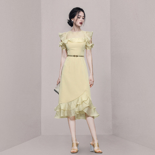 2022夏装新款透视清爽欧根纱荷叶边女神优雅收腰显瘦中长款连衣裙