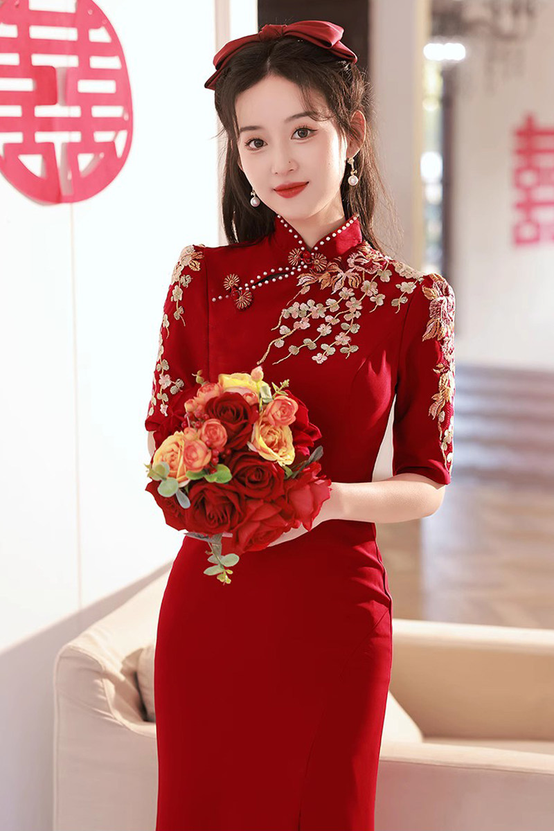 中式旗袍敬酒服新娘2023新款鱼尾红色晚礼服女大气答谢宴会高贵