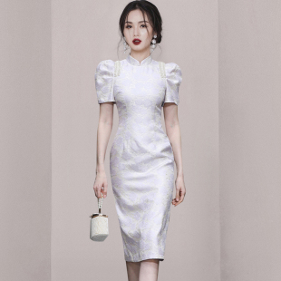 收腰显瘦旗袍连衣裙长裙包臀裙子 夏季 女装 2023新款 气质浅紫色修身