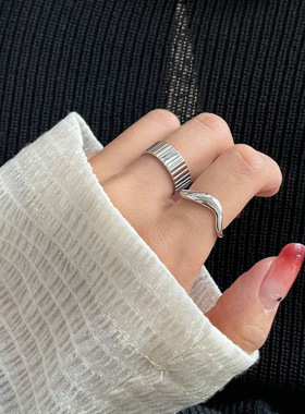 新款 s925纯银宽面线条组合戒指女个性复古ins嘻哈高级感时尚指环