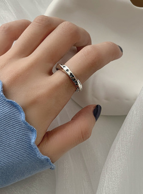 韩国东大门个性气质冷淡风925纯银重工扭结黑五角星开口戒指ins女
