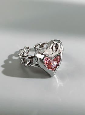 新款 爱心开口戒镶嵌粉宝石情侣款金属戒指个性ins嘻哈时尚指环