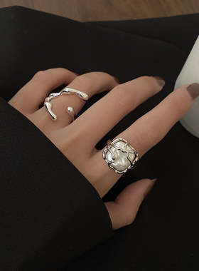 日韩S925银月牙戒指女复古时尚气质珍珠藤蔓开口指环优雅食指戒潮