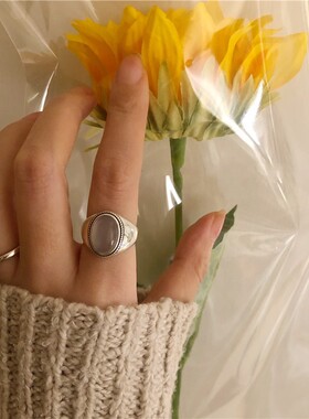 韩国东大门925银复古做旧宝石开口指环白玛瑙戒指简约百搭雏菊戒