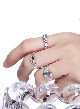 韩版小众设计925纯银戒指月光石镶钻简约冷淡风女开口轻奢食指戒