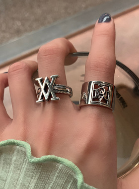 韩国东大门925纯银复古做旧双V镂空戒指ins女冷淡风高级设计感