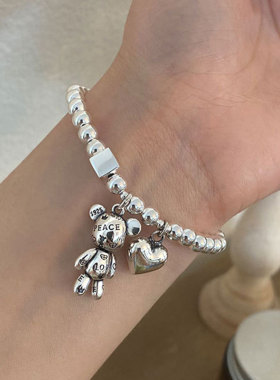 新款925纯银珠子爱心小熊手链女夏简约ins小众设计2022年弹力全新