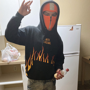 欧美潮牌刺绣暗黑 火焰印花 秋冬加绒休闲套头男女卫衣外套