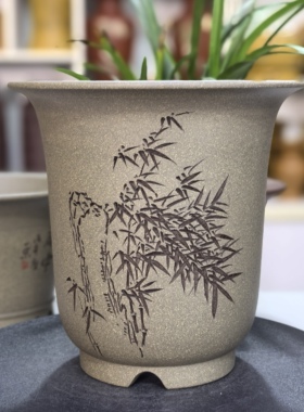 满意紫砂全手工制作精品青段泥刻绘高金钟花盆口21高21