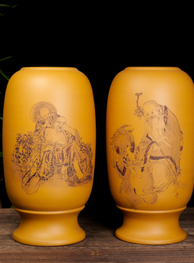 满意紫砂全手工制作精品大号刻绘花瓶粉浆工艺39×20×9现货一对