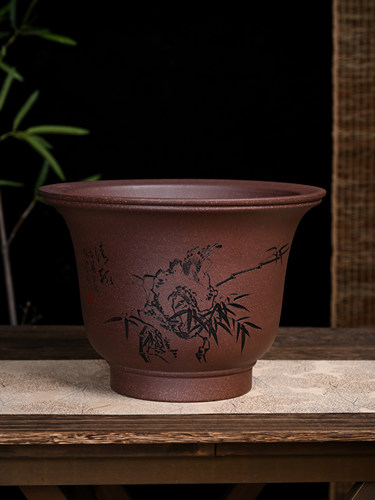 满意紫砂全手工制作精品原矿老紫泥大号盆刻绘高22口30卖掉可定制