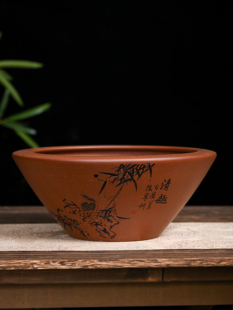 满意紫砂全手工制作精品紫红泥斗笠花盆刻字现货一个高11口27