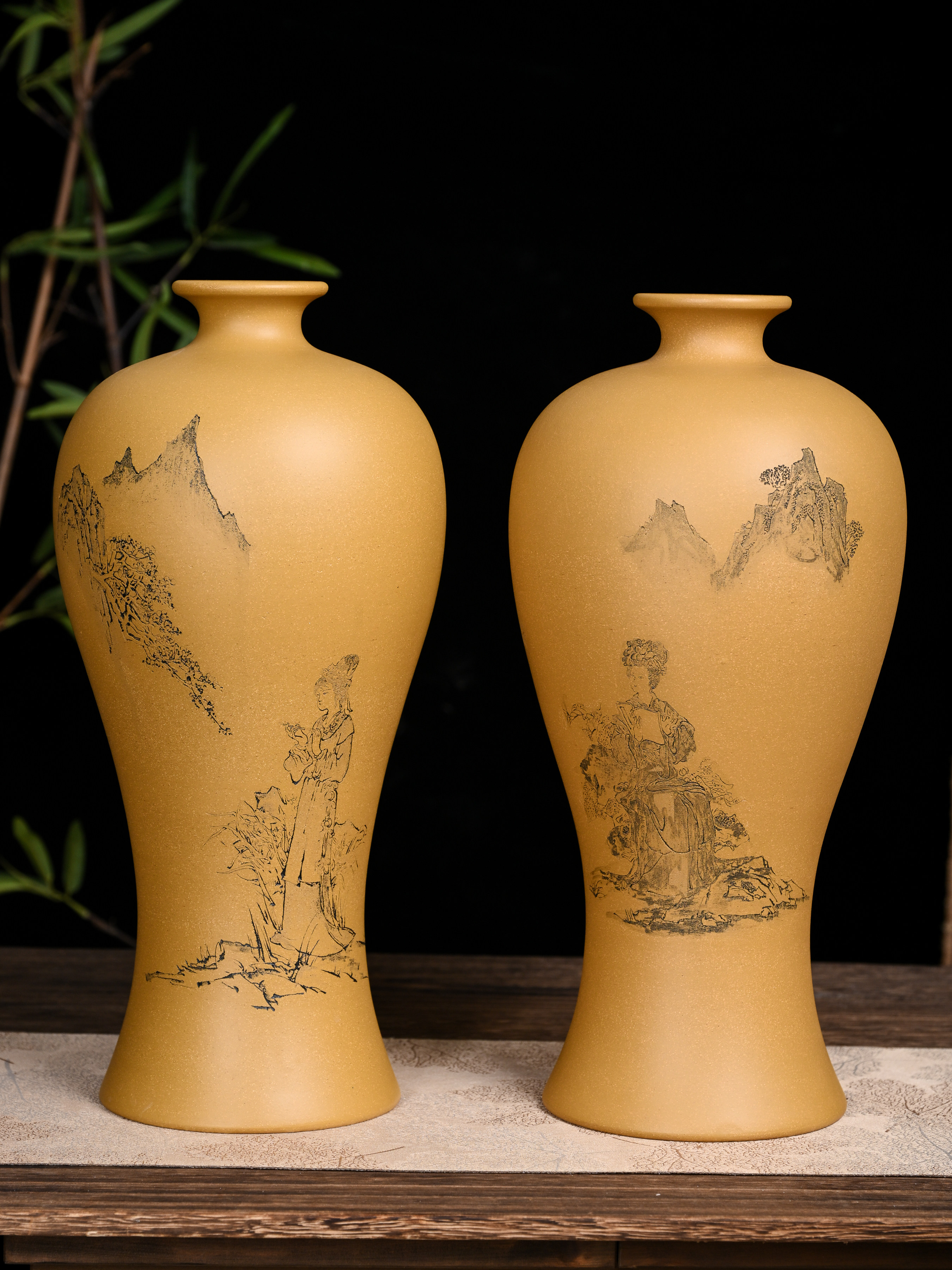 满意紫砂全手工黄金段刻字刻画大梅瓶40&times;19，现货一对，单个466