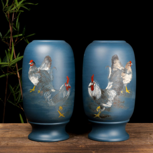 满意紫砂手工制作精品大号刻绘花瓶粉浆工艺39×20×9现货一对
