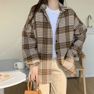 2026春秋冬款复古风格子衬衫女长袖磨毛加厚中长款显瘦百搭外套女