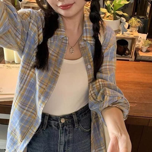 美式复古长袖格子衬衫外套女款春秋韩版小众宽松休闲衬衣外穿上衣