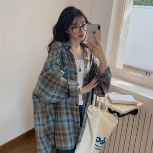 新款复古美式格子衬衫女港味宽松慵懒风休闲情侣百搭长袖多巴胺外