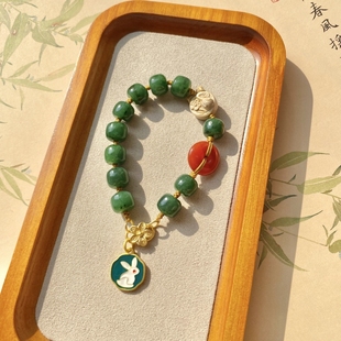 天然俄料乌兰海碧玉老型珠编绳设计款女手串油润腊绿 轻古典国风