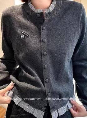 丁螺GN女装2024冬季新款韩版假两件拼接木耳边圆领针织衫96149