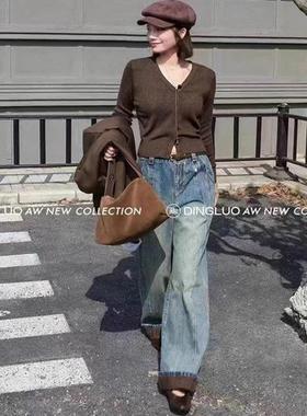 丁螺GN秋冬女装新款时尚潮流复古牛仔拼接鹿皮绒直筒牛仔裤