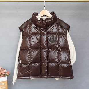 马夹背心 亮面加厚宽松白鸭绒短款 拼皮羽绒马甲外套女坎肩冬装 新款