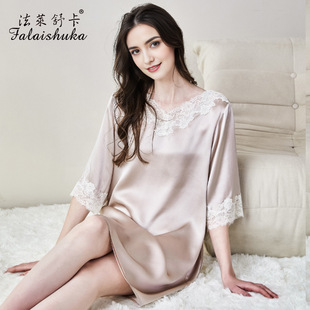 家居服中袖 杭州丝绸睡衣女19姆米真丝睡裙桑蚕丝宽松纯色花边法式