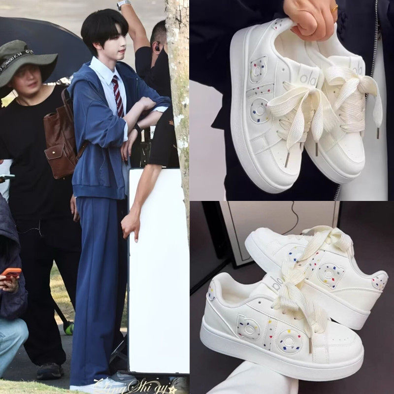 TF家族4代张桂源同款樱花粉字母小白鞋休闲运动厚底百搭面包板鞋