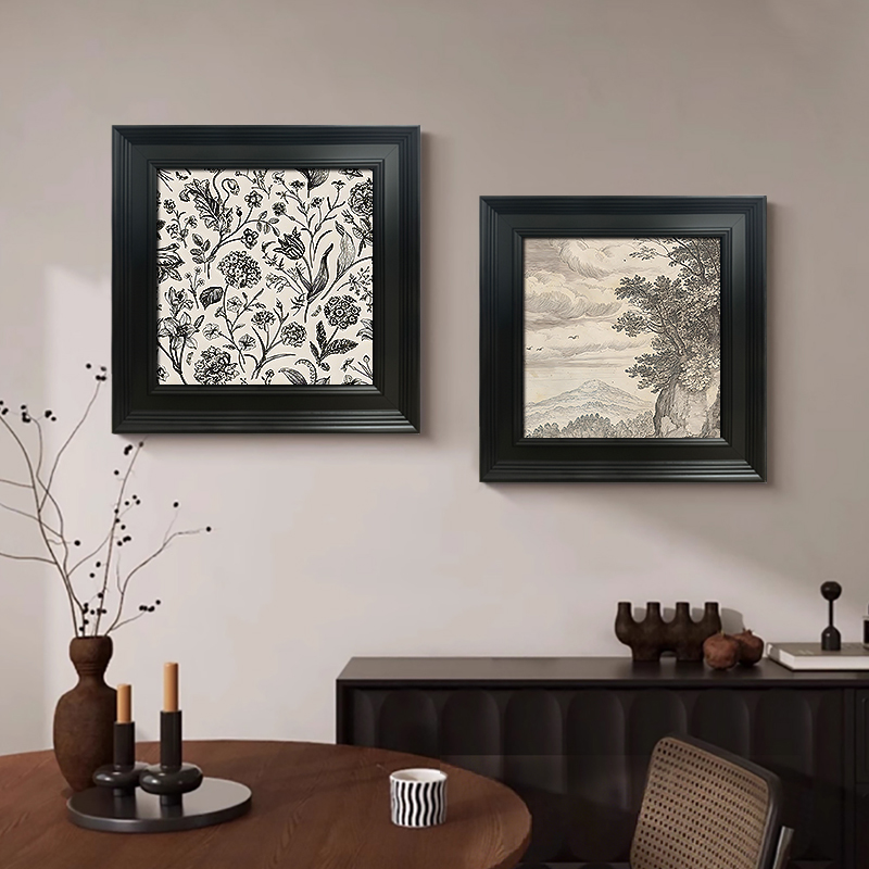 法式复古餐厅花卉装饰画玄关黑白素描抽象风景挂画高级感组合壁画图片