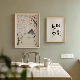 原木风餐厅柿柿如意日日是好日挂画新中式饭厅背景墙日式极简挂画