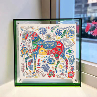亚克力丝巾玄关柜摆件马到成功客厅装饰画绿色高级感挂画设计师画