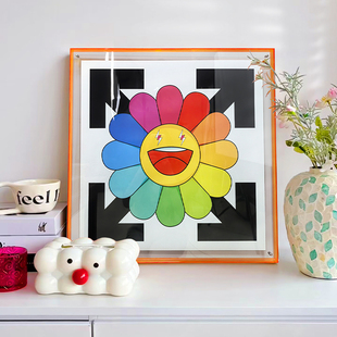 正对门入户装饰画门口鞋柜上方玄关背景墙挂画多巴胺村上隆太阳花