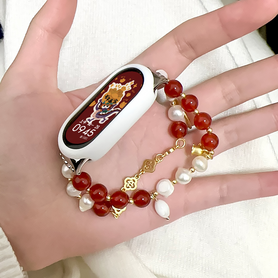 原创玛瑙珍珠平安喜乐适用小米手环3/4/5/6/7/8pro代腕带七八表带