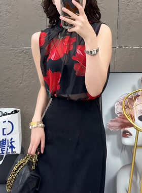 清仓捡漏折扣店撤柜女装港风复古挂脖高级感宽松薄款印花无袖上衣