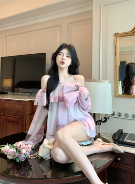 外贸品牌捡漏折扣剪镖甜美风挂脖一字领露肩气质喇叭袖防晒雪纺衫