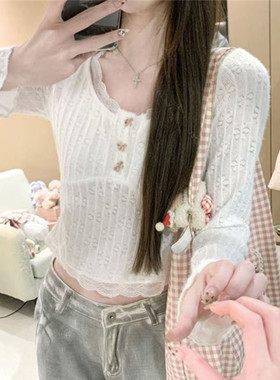 清仓捡漏特价剪镖折扣女装甜美减龄花边修身显瘦短款内搭蕾丝上衣