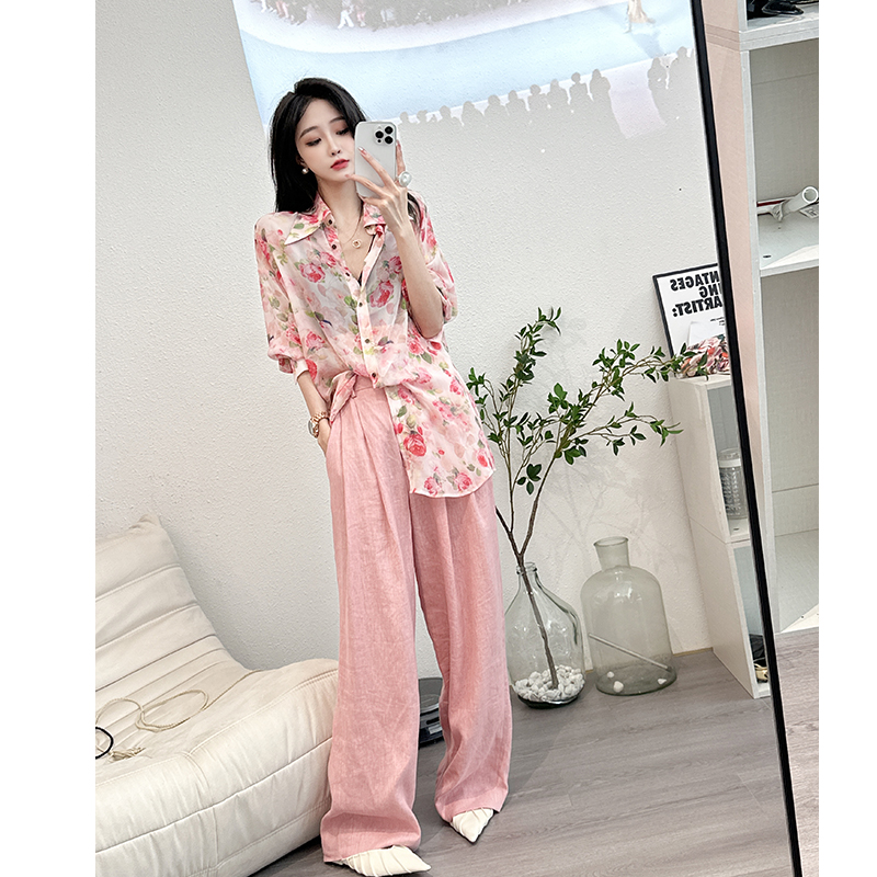 外贸品牌捡漏折扣撤柜女装欧货时尚POLO领宽松印花衬衫长袖上衣潮