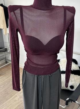 法式时尚性感纯色长袖上衣女春秋款微透纯欲风修身百搭半高领T恤