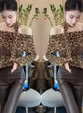 韩版时尚洋气性感一字肩豹纹飘带上衣女春秋款时髦气质轻熟风衬衫