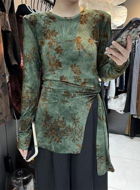 设计感不规则开叉绑带圆领长袖上衣女春秋款性感微透修身收腰T恤