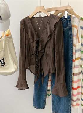 外贸折扣女装清仓特价小众复古V领荷叶边绑带修身显瘦防晒雪纺衫